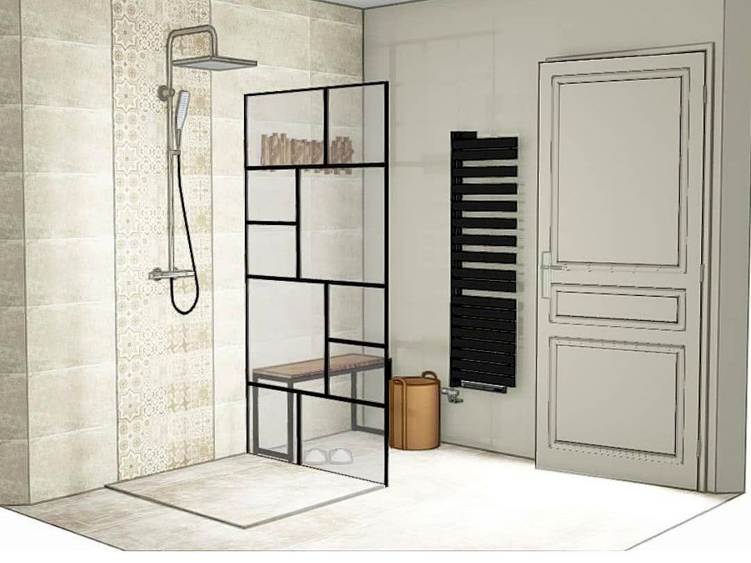 Projection 3D d’une douche à l’italienne avec paroi verrière
