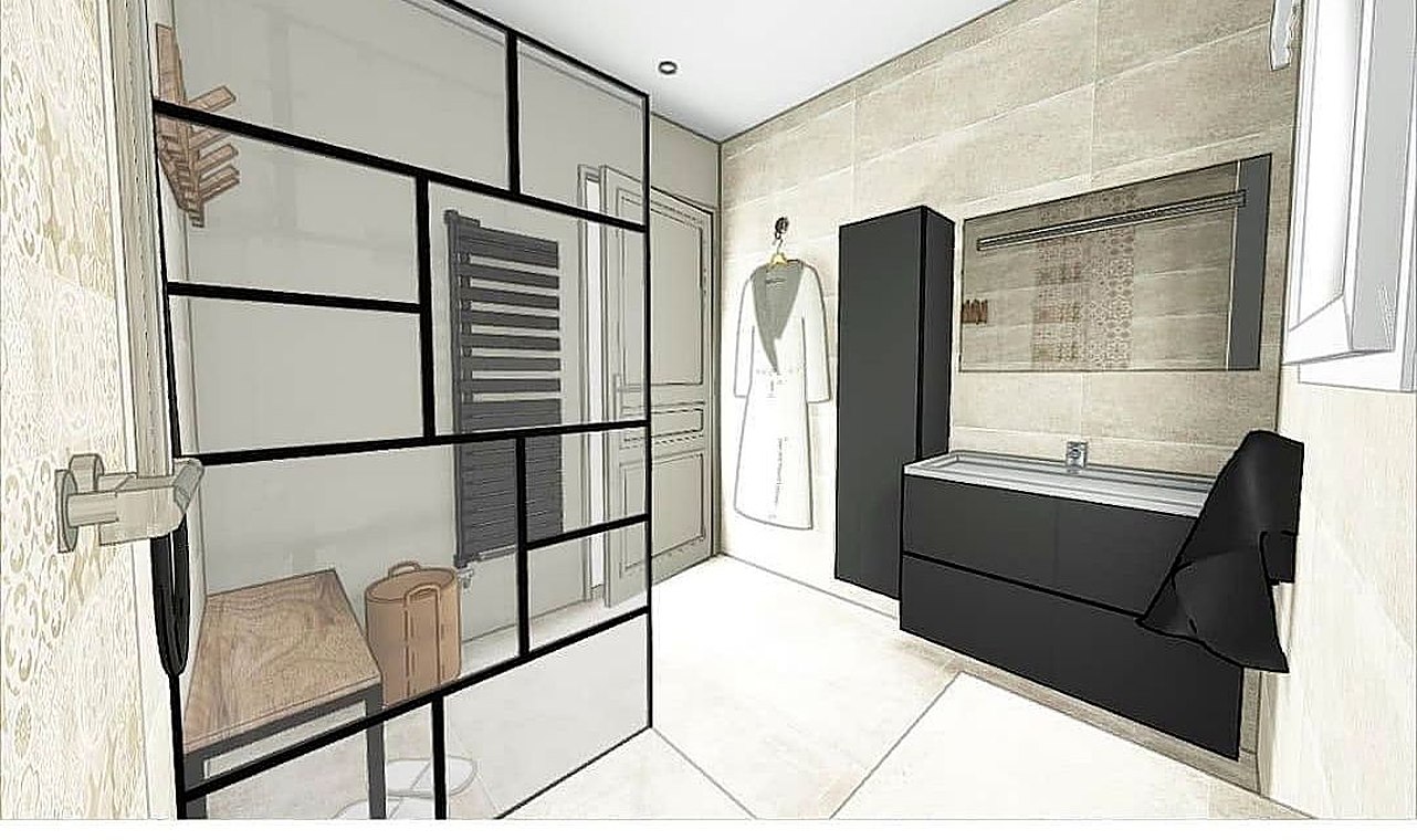 Projection 3D d’une salle de bains avec verrière et meuble noir